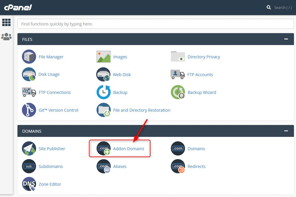 “Addon Domains” link under “DOMAINS” section in cPanel