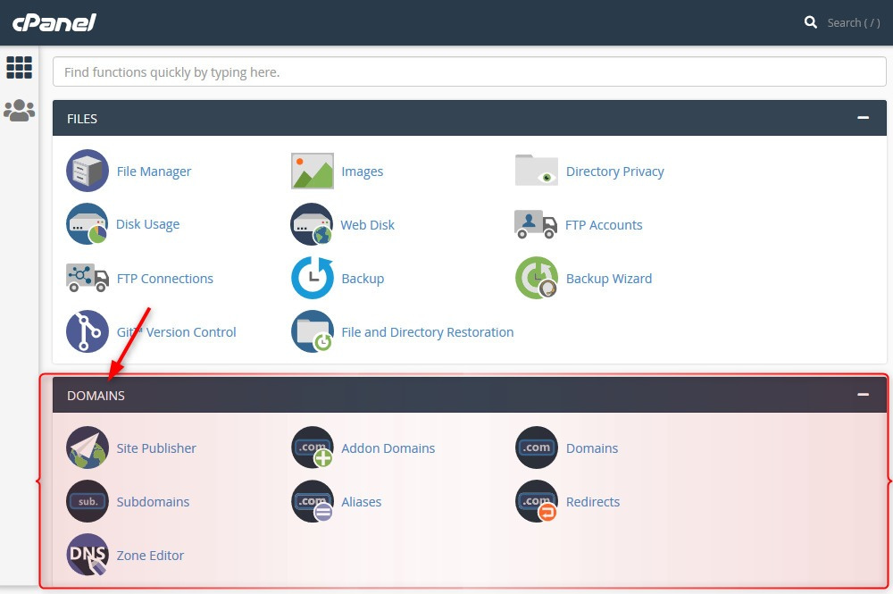 “DOMAINS” section in cPanel