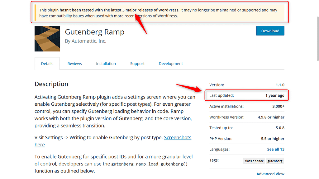 'Gutenberg Ramp' Plugin is out-dated