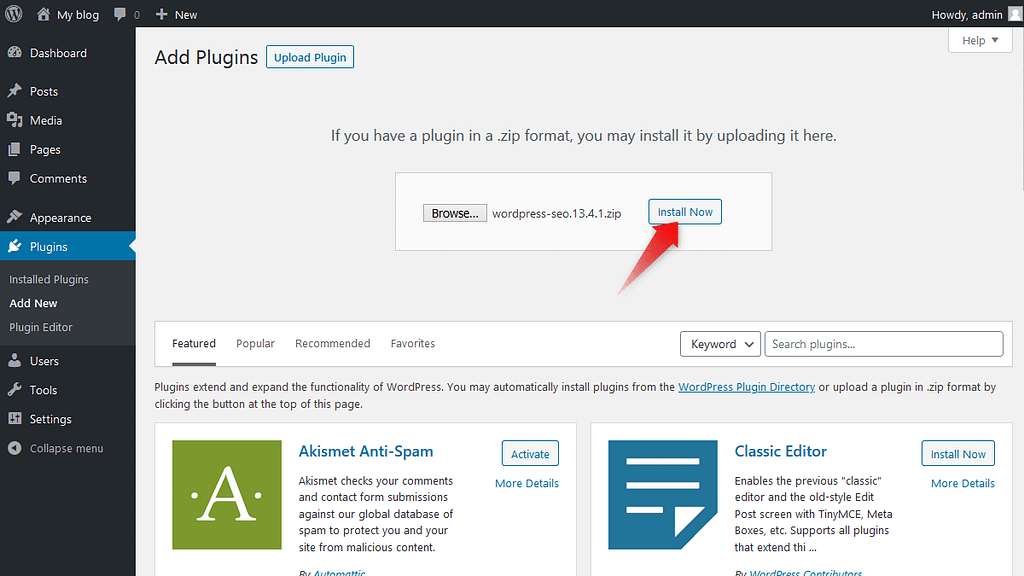 'Install Now' button after uploading plugin's zip file