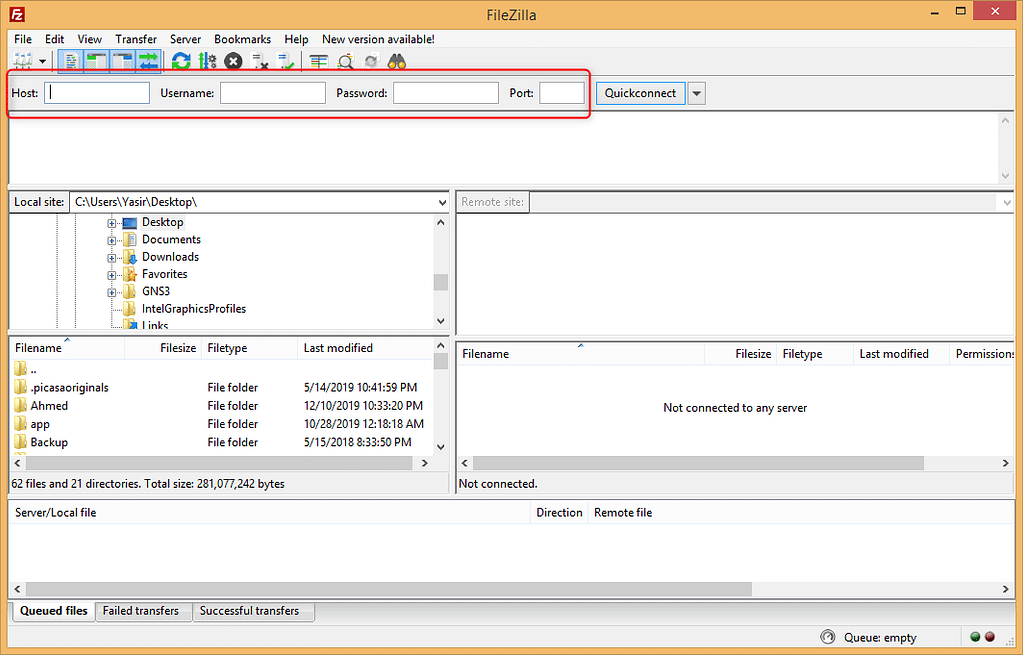 Connecting to server using FileZilla