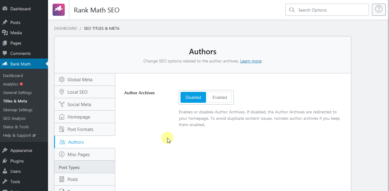 Change 'Author Archives' option from 'Disable' to 'Enabled' in Rank Math
