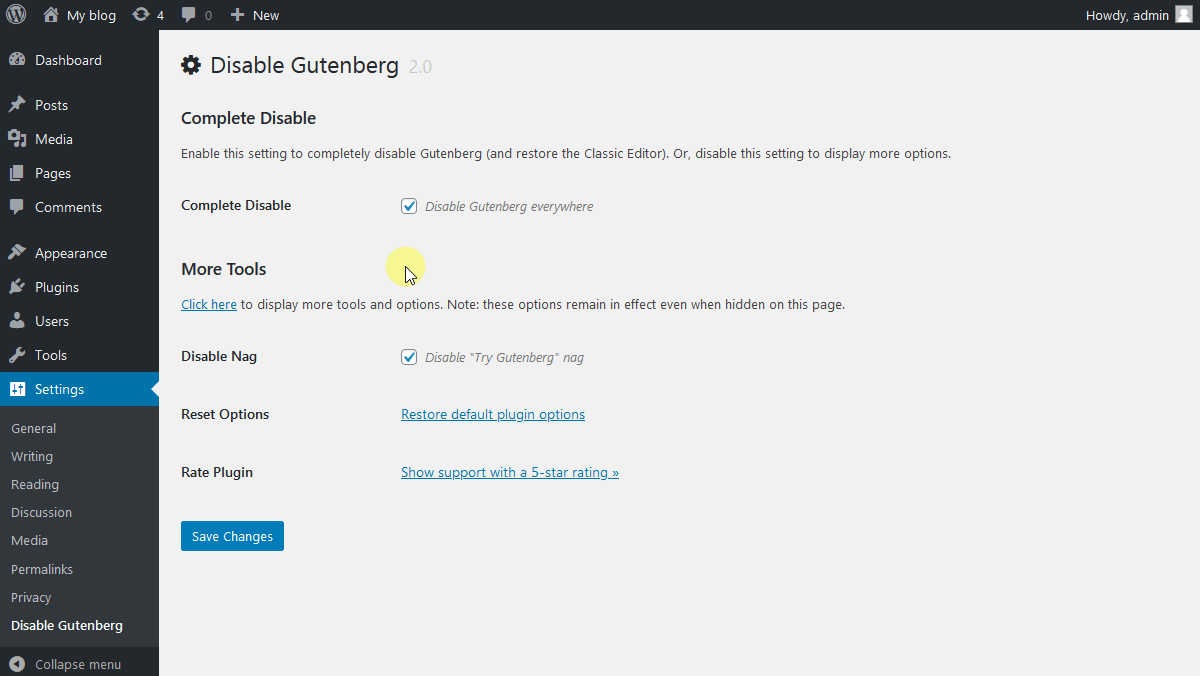 'Disable Gutenberg' plugin option disable Gutenberg editor for specific areas.