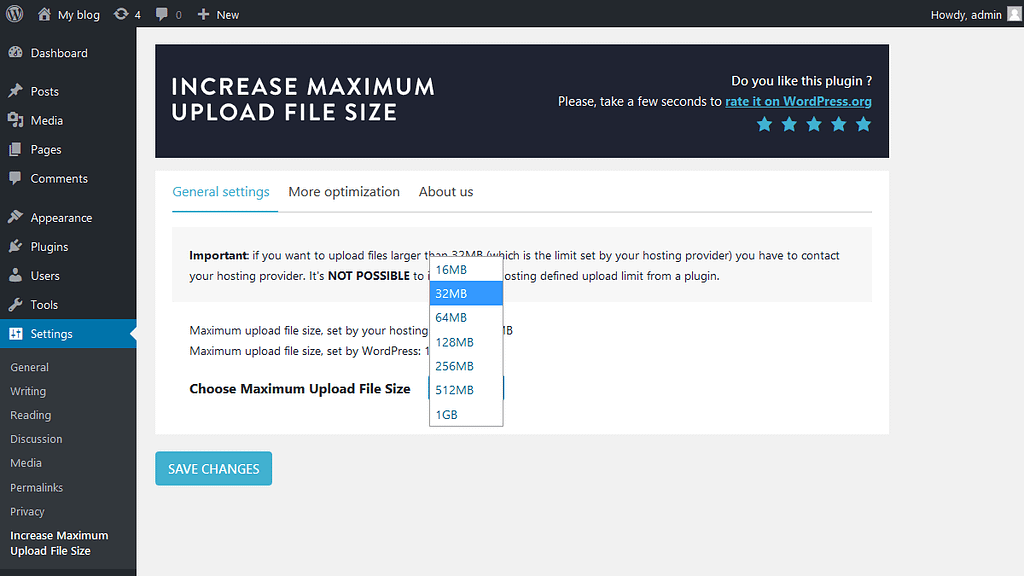 Select maximum upload file size