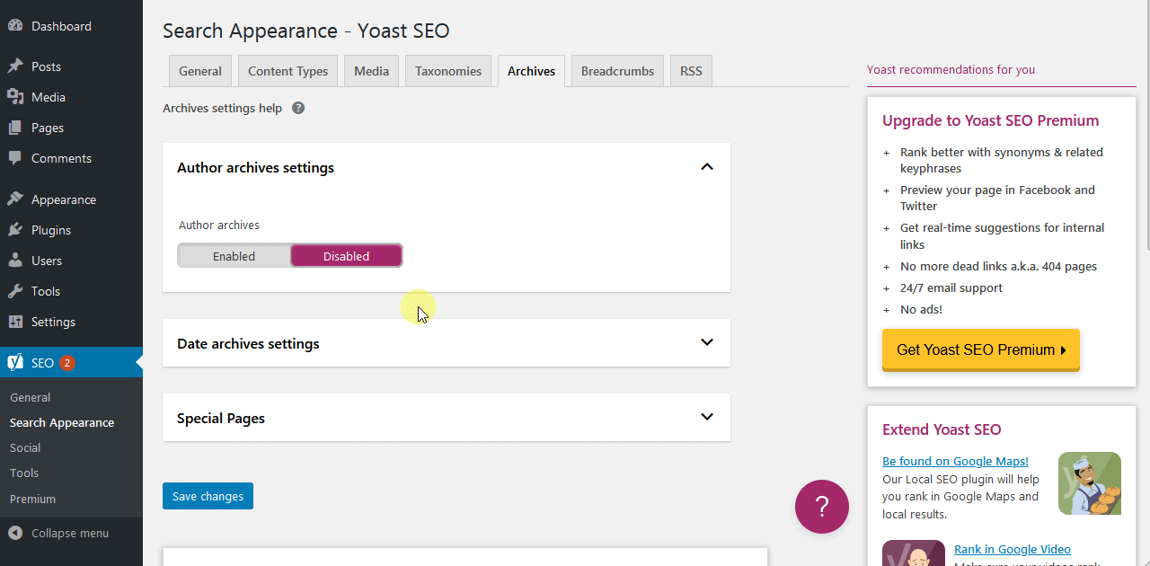 Toggle 'Author archives' from 'Disable' to 'Enabled' in Yoast SEO