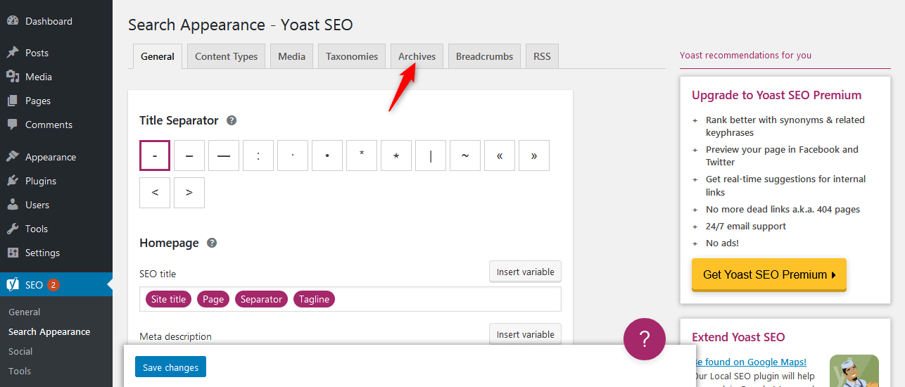 Select 'Archives' tab in Yoast SEO plugin