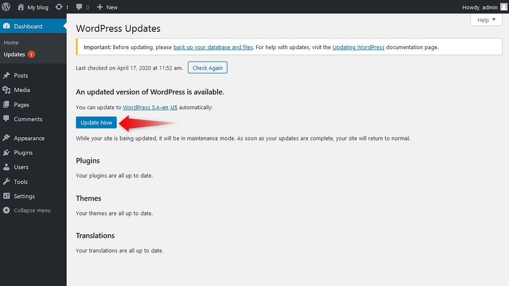 WordPress Update button