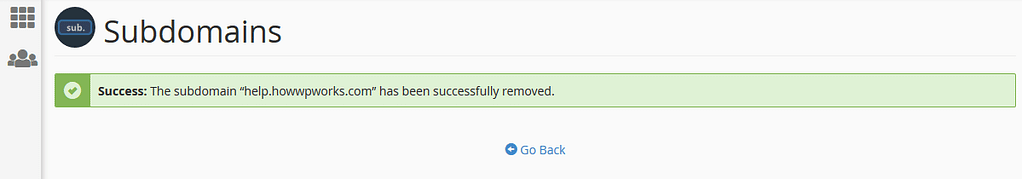 Success messgae after deletion of subdomain