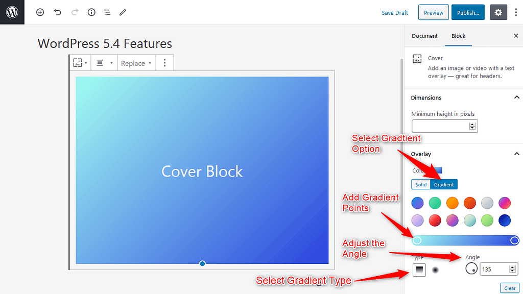Color gradient Option for Cover Block in WordPress 5.4