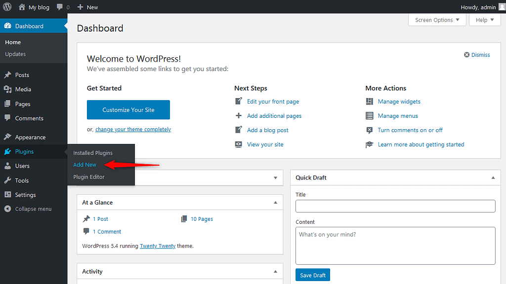'Add New' plugin option in WordPress Dashboard Area